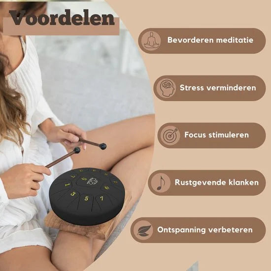 World Living Handpan 30cm- Steel Tongue Drum - Hand Klankschaal incl. Lesboek & Beschermtas - Hangdrum