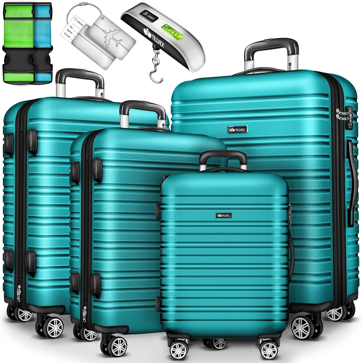 Tillvex Travel Suitcase Set 4 Pieces with Luggage Scale, Suitcase Straps and Suitcase Tag Hard Case Set 4 Wheels Trolley Luggage Suitcase with TSA Lock Rolling Suitcase Hard Case Set S-M-L-XL