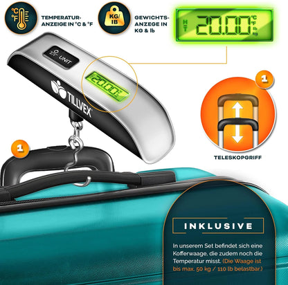 Tillvex Travel Suitcase Set 4 Pieces with Luggage Scale, Suitcase Straps and Suitcase Tag Hard Case Set 4 Wheels Trolley Luggage Suitcase with TSA Lock Rolling Suitcase Hard Case Set S-M-L-XL