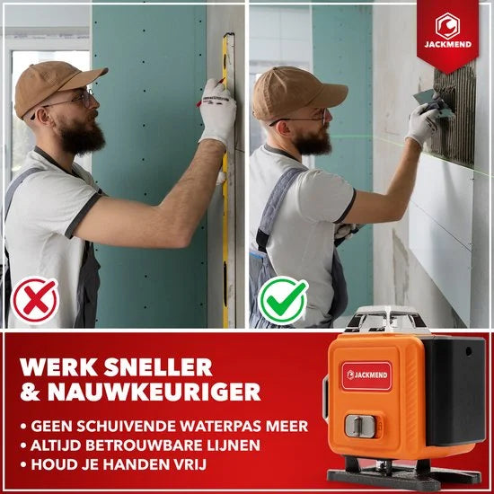 JACKMEND 4D Kruislijnlaser Inclusief Draagkoffer - Zelfnivellerend Bouwlaser met 4 tot 16 Lijnen - 50 Meter Meetbereik - 360 Graden Rotatie Zelfnivellerende Laser