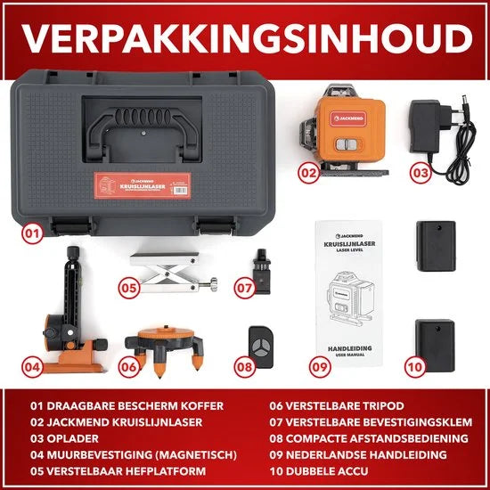 JACKMEND 4D Kruislijnlaser Inclusief Draagkoffer - Zelfnivellerend Bouwlaser met 4 tot 16 Lijnen - 50 Meter Meetbereik - 360 Graden Rotatie Zelfnivellerende Laser