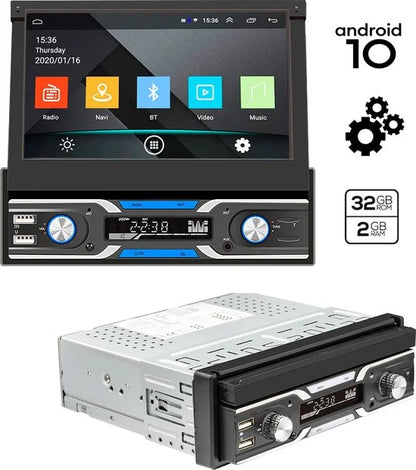 Boscer 1Din Autoradio - Android 10 - Navigatiesysteem - 7' HD Gemotoriseerd klapscherm - 2+32GB - USB, Aux, Bluetooth, WIFI - Achteruitrijcamera