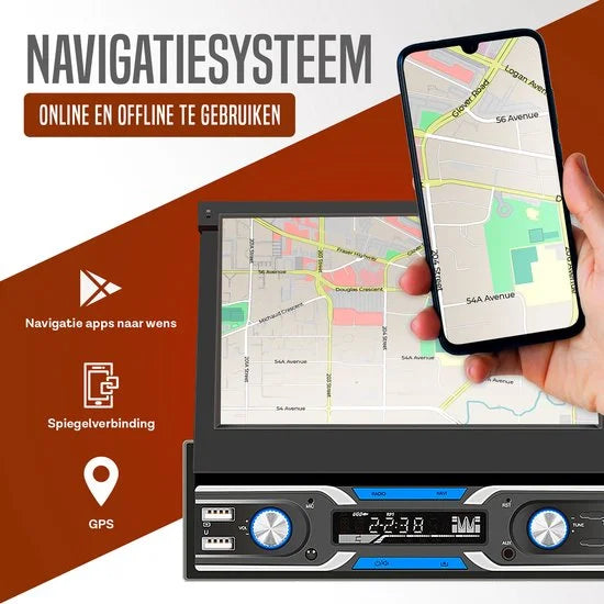 Boscer 1Din Autoradio - Android 10 - Navigatiesysteem - 7' HD Gemotoriseerd klapscherm - 2+32GB - USB, Aux, Bluetooth, WIFI - Achteruitrijcamera