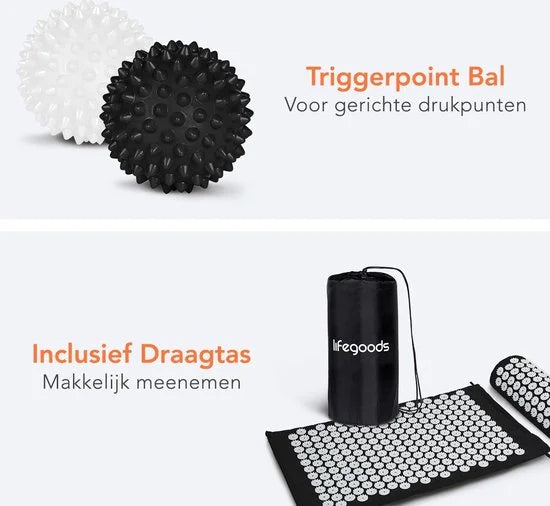 LifeGoods Spijkermat met Kussen - Shakti Mat - Acupressuur Mat - Spijkerbed - Massage Mat - Zwart