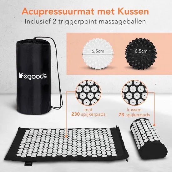 LifeGoods Spijkermat met Kussen - Shakti Mat - Acupressuur Mat - Spijkerbed - Massage Mat - Zwart