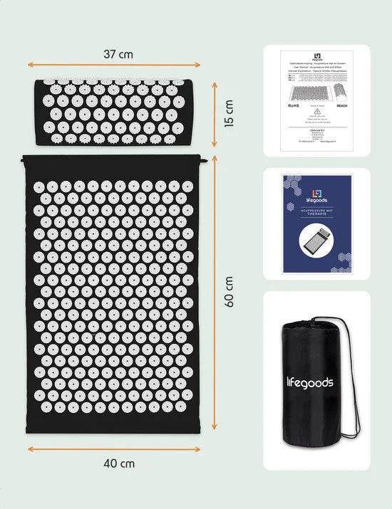 LifeGoods Spijkermat met Kussen - Shakti Mat - Acupressuur Mat - Spijkerbed - Massage Mat - Zwart