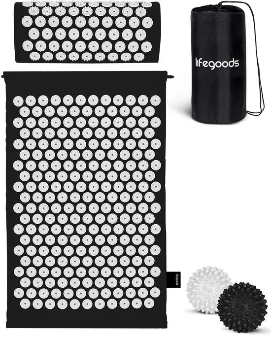LifeGoods Spijkermat met Kussen - Shakti Mat - Acupressuur Mat - Spijkerbed - Massage Mat - Zwart