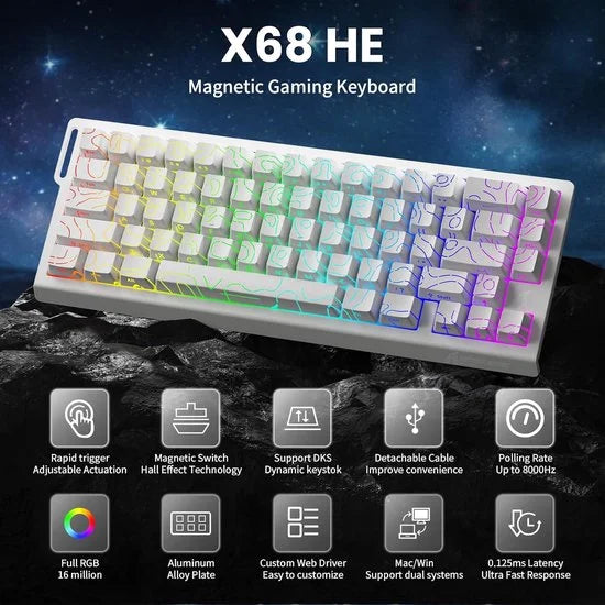 X68HE - Magnetic Switch Wired Gaming Toetsenbord - RGB - Side Printed PBT Keycaps - Decorative Lanyard - 8Khz - 0.01mmRT - 0.125ms - White Contour Line