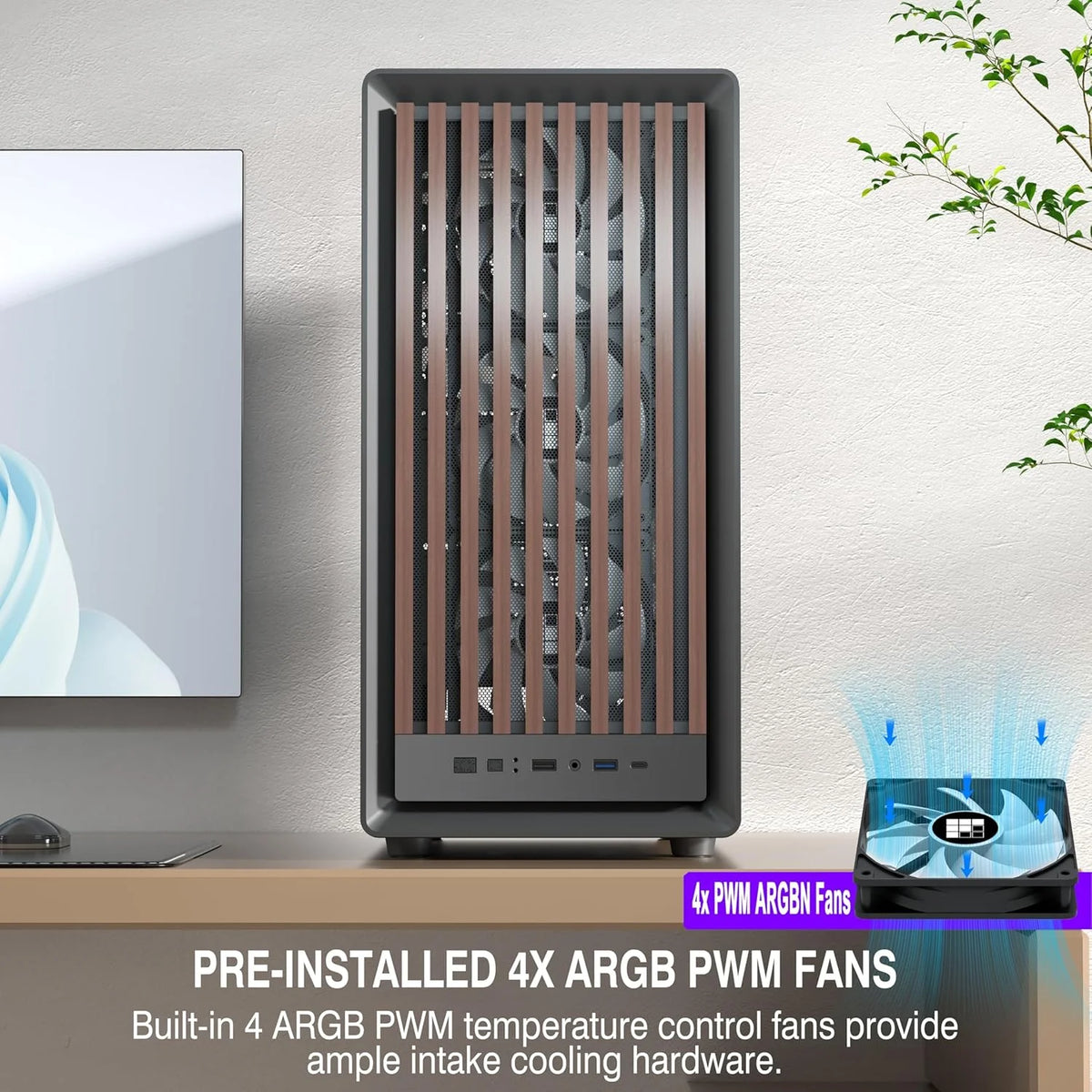 M1 PC behuizing - hout walnoot front, vooraf geïnstalleerde 4 PWM ARGB-ventilator, ATX Mid-Tower gaming pc-behuizing, met type C, zwart (zwart, M1)