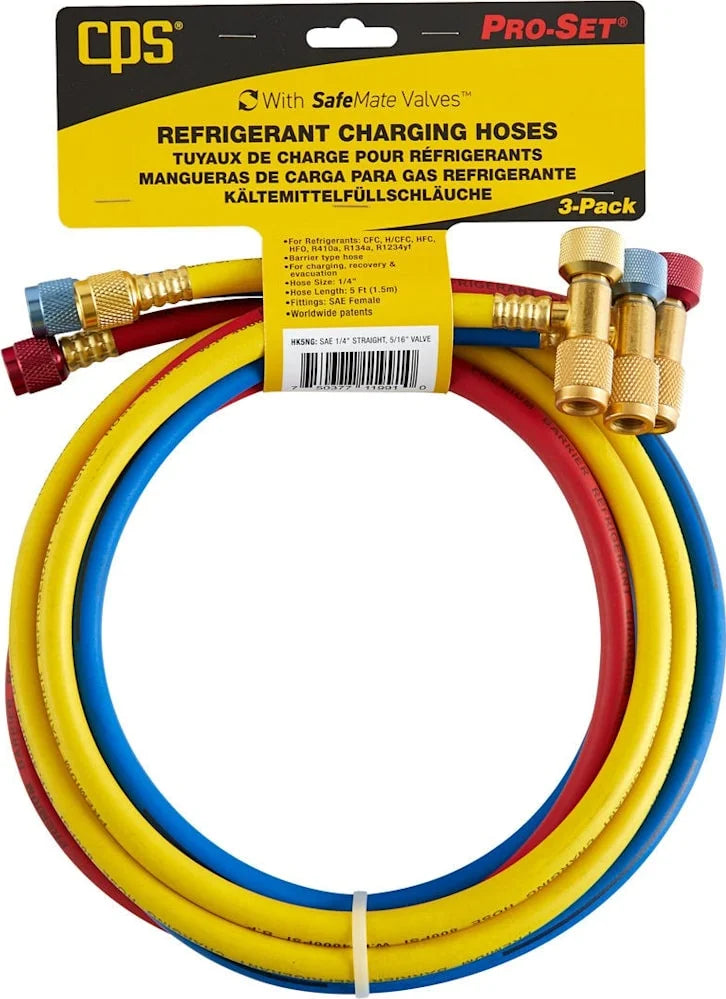 HK5NG - 3-pack (R,Y,B) 5-ft premium oplaadslangset, ¼-inch recht naar 5/16-inch SafeMate-fitting