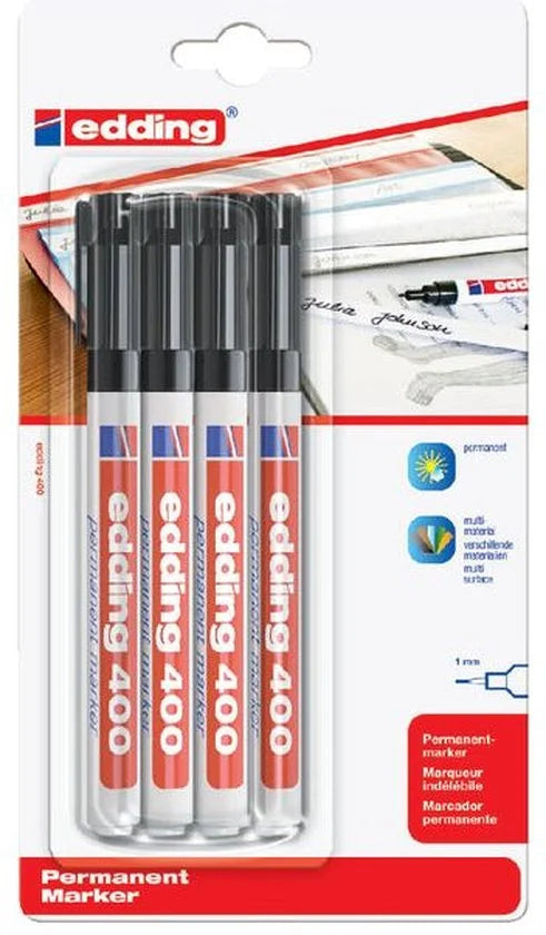 400 permanent marker - zwart - 4 stiften - ronde punt 1 mm - water en wrijfvast - voor karton, kunststof, hout, metaal, etc. - alcohol markers voor volwassenen