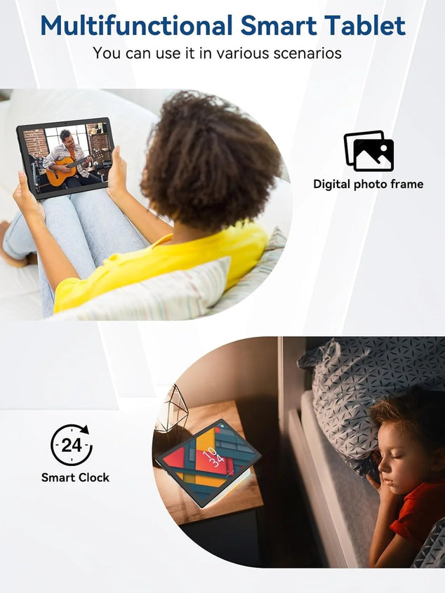 Tablet 10 inch with eight-core Android 14, 14 GB RAM + 64 GB ROM, AI cloud album and 8 kinds of white noise, 5 MP + 8 MP camera, Wi-Fi 6 and BT 5.3 (Black)