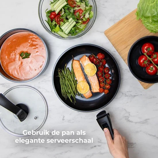 Pannenset - 4-in-1 stapelbare 26-delige pannenset - Geschikt Voor Alle Warmtebronnen - Anti Aanbaklaag - Stapelbaar - Afneembare Handgrepen - PFAS-Vrij