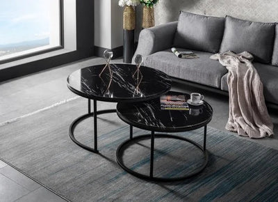 Salontafel Set van 2 - Marmer Look - Ø80 / Ø 80 / Ø 45 cm Black - Bijzettafel - Tafel Rond - Marmerlook MDF