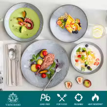 KARST 16-delige geëmbosseerde steengoed serviesset met diner-/dessertbord/suppeschaal/mok voor 4 personen