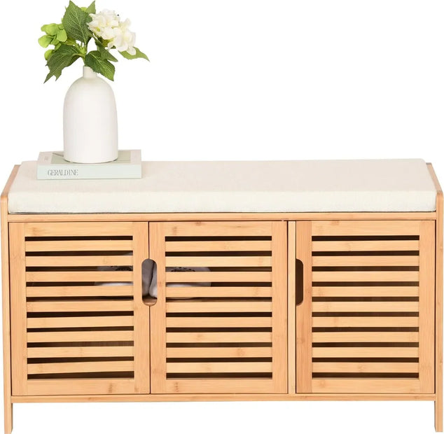 Bamboe schoenenkast met bankje Schoenenbank met 3 vakken Zitkussen Schoenenkast Opbergkast voor gang Hal 50x90x35cm Beige