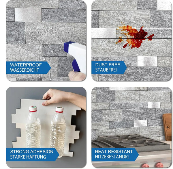 Zelfklevende 3D-muurtegels, baksteenmotief, tegelstickers met marmermotief voor badkamer, waterbestendig, mat, voor tegels keuken, beschermlaag verwijderen en plakken, hittebestendig, 10