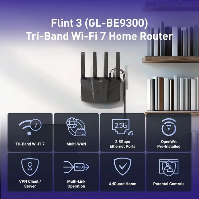 GL-BE9300 Flint 3 Tri-Band Wi-Fi 7 Router 5 x 2,5G VPN-Router