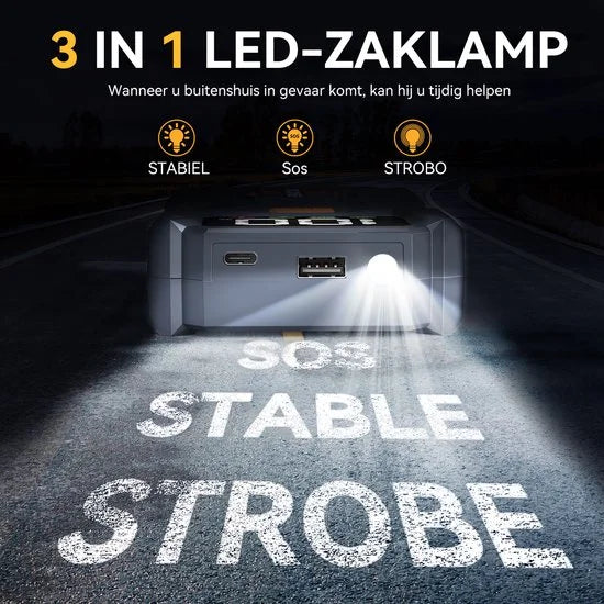 12V Jumpstarter voor Auto - 5000A - 3-in-1 Starthulp - LED Zaklamp, SOS Noodlicht en Powerbank -Zwart