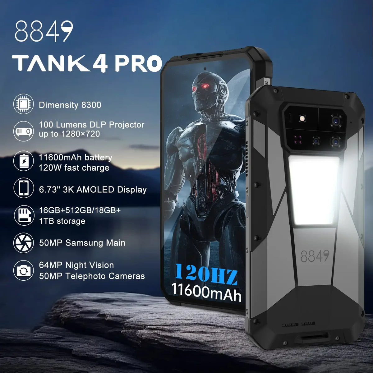 4   Pro   5G   robuuste smartphone   - 512GB - 720P-projectortelefoon, Dimensity   8300   op vlaggenschipniveau,   3K AMOLED,   11600mAh   + 120W