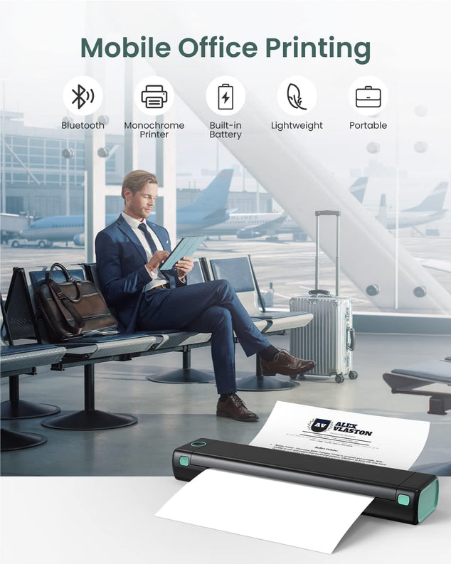 M08F Thermal Printer - Draagbare Draadloze A4 Mobiele Printers voor Thuisgebruik Kantoor, Bluetooth Inkless Printer Compatibel met Laptops & Smartphone,Zwart