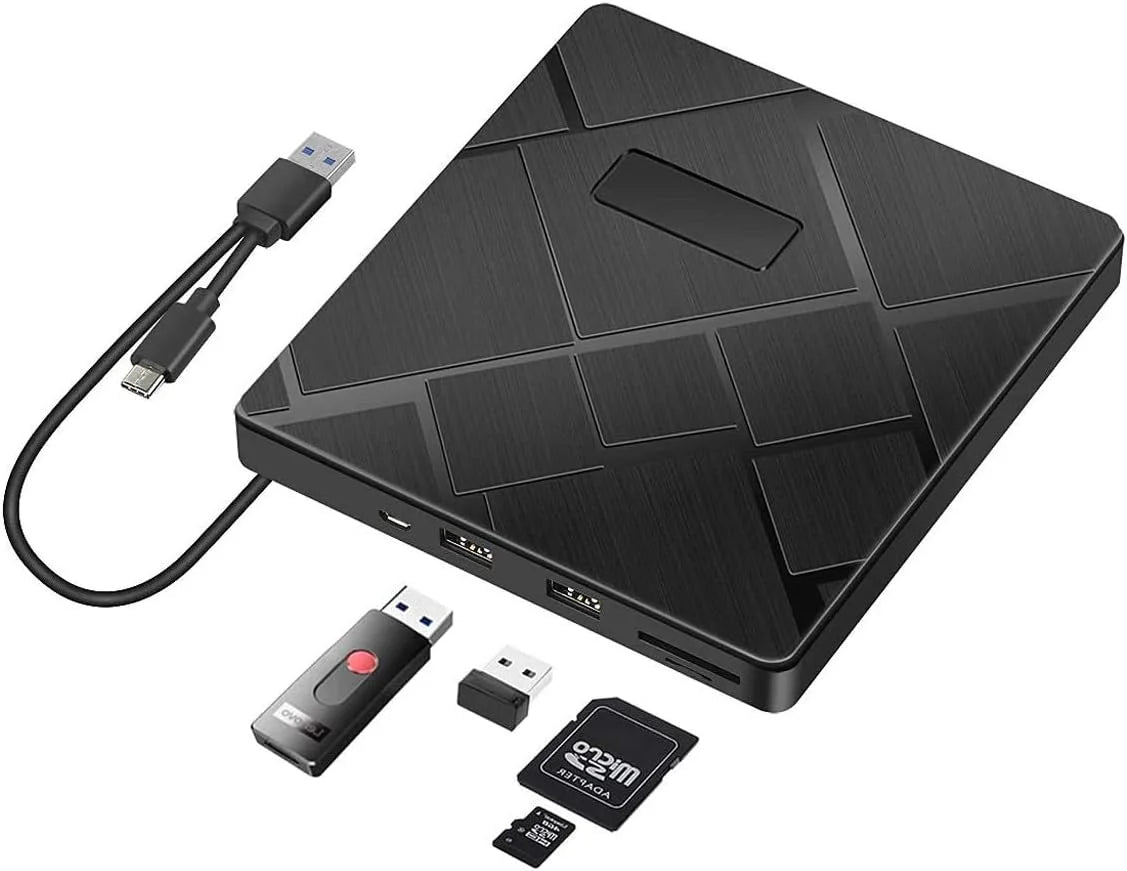 BEVA External DVD CD Drive, USB 3.0 & Type C CD/Dvd +/- RW burner with SD/TF Card Reader Portable Disk Player Rewriter for laptop, desktop Mac.