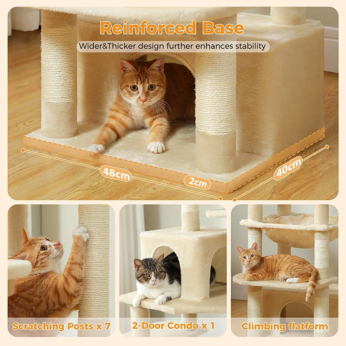 PAWZ Road 164 cm krabpaal voor katten - beige kattentoren met hangmat