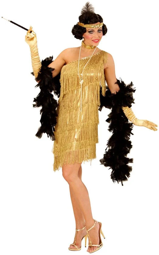 Gouden charleston jurk met haarband en halsband-Maat:XL