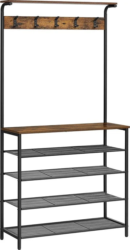 kapstok, kledingrek, kapstok met 5 dubbele haken, schoenenrek met 5 niveaus, een plank bovenop, voor flats, slaapkamers, gangen, industrieel ontwerp,