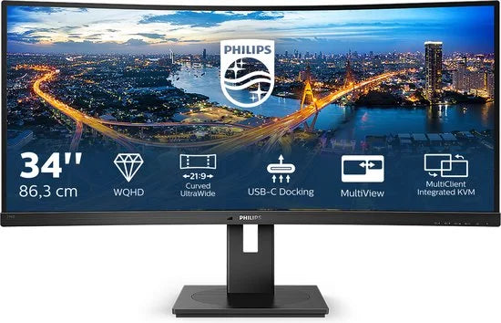Philips 346B1C - QHD Ultrawide Monitor - USB-C 65W - KVM-Switch - RJ45 - Powersensor - Lichtsensor - 34 Inch - 100hz