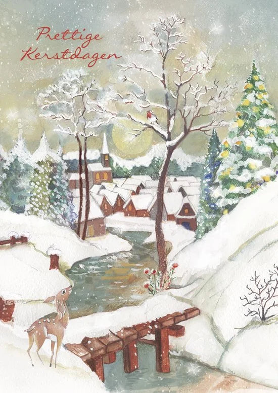 Kaarten - Kerst - Hangpak - Hertje bij brug - 10st. - HPK.1003
