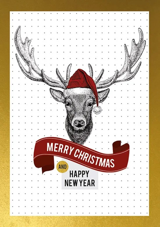 Kaarten - Kerst - Hangpak - Rendier - Merry christmas and happy new year - 10st. - HPK.1032