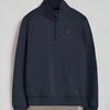 Marineblauwe sweater met halve rits en Rigby Go-logo