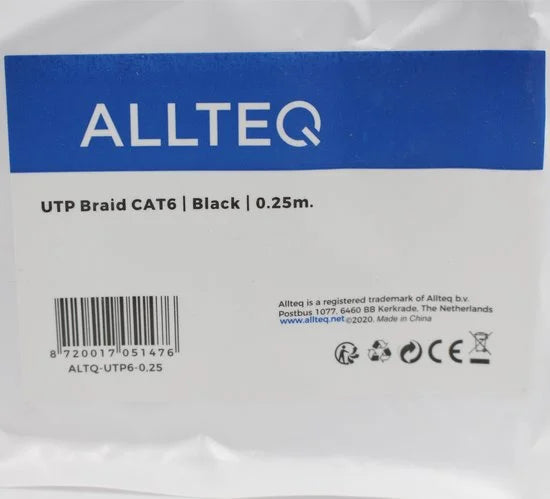 CAT 6 - U/UTP - Netwerk kabel - Afgeschermd - Gevlochten mantel - CU kern - 0.25 meter - Allteq