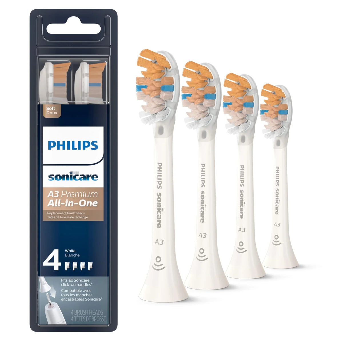 Philips Sonicare Premium All-in-One (A3) vervangende tandenborstelkopjes, tandvleesverzorging, plaqueverwijdering, whitening, 4 borstelkopjes, wit, HX9094/65