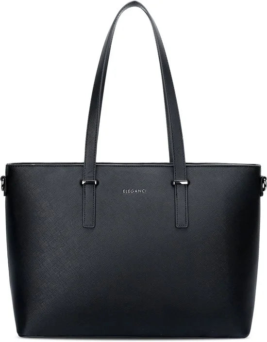 Eleganci - Dames Handtas - shopper - geschikt voor A4 - met extra lange riem - zwart - Ideaal voor school- of werktas.