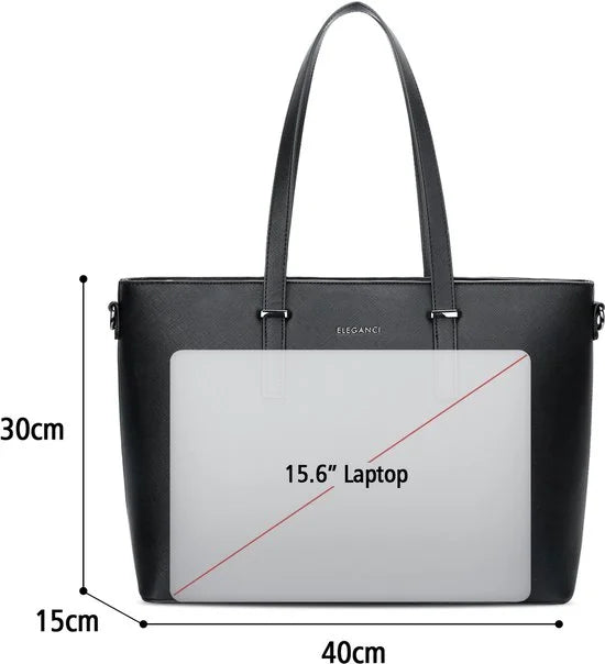 Eleganci - Dames Handtas - shopper - geschikt voor A4 - met extra lange riem - zwart - Ideaal voor school- of werktas.