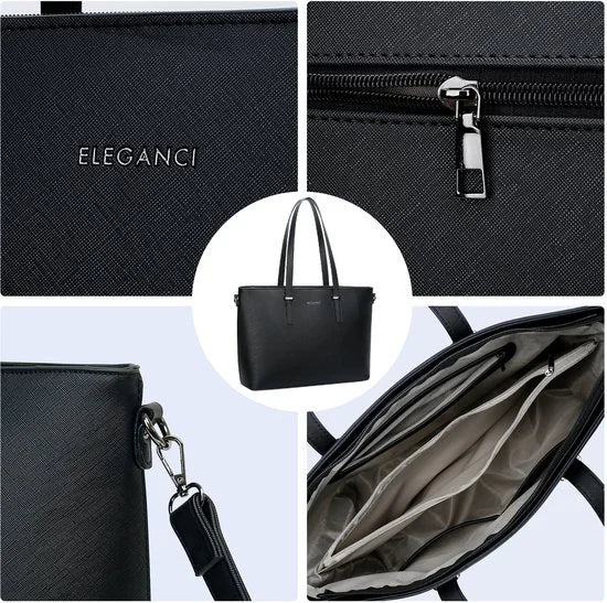 Eleganci - Dames Handtas - shopper - geschikt voor A4 - met extra lange riem - zwart - Ideaal voor school- of werktas.