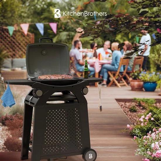 KitchenBrothers Gas BBQ - Staand en Tafelmodel Barbecue - 2 Branders - Tafelbarbecue - Anti-aanbaklaag - 37x48 cm Grilloppervlak - Zwart