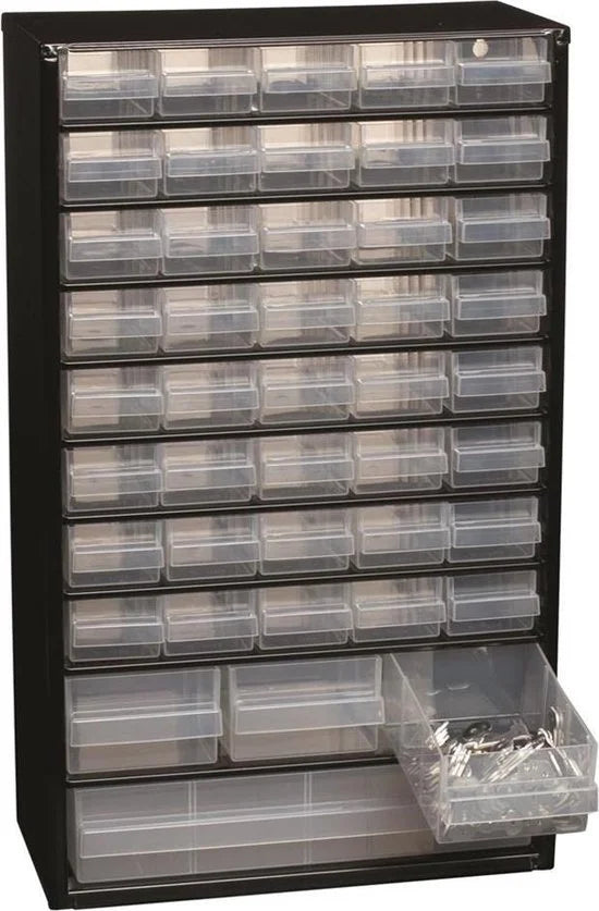 Raaco Ladekast met 44 lades - Metalen Assortimentskast - Opbergsysteem voor o.a. schroeven en bouten - Kan aan de muur bevestigd worden - Incl. 10 tu