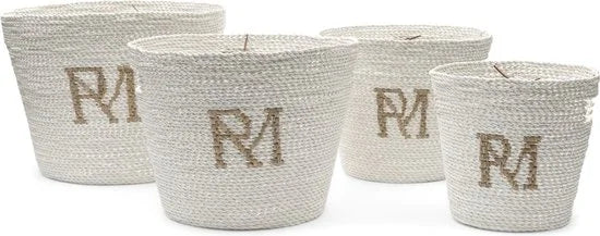 Riviera Maison Opbergmanden riet Wit en rond 4 stuks - RM Monogram decoratieve mand met RM logo