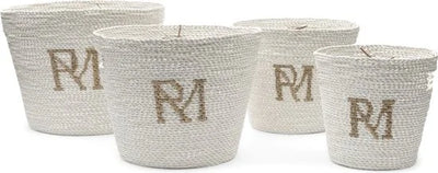 Riviera Maison Opbergmanden riet Wit en rond 4 stuks - RM Monogram decoratieve mand met RM logo