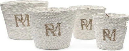 Riviera Maison Opbergmanden riet Wit en rond 4 stuks - RM Monogram decoratieve mand met RM logo