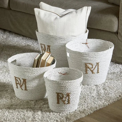 Riviera Maison Opbergmanden riet Wit en rond 4 stuks - RM Monogram decoratieve mand met RM logo