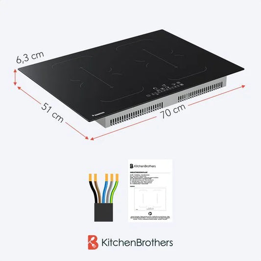 KitchenBrothers Inductie Kookplaat - Inbouw Inductieplaat - 70 cm - 4 Zones - 2x Flexzone - 1 en 2 Fase - Tot 2800W - Zwart