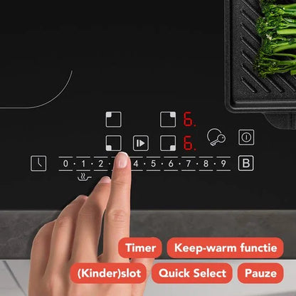 KitchenBrothers Inductie Kookplaat - Inbouw Inductieplaat - 70 cm - 4 Zones - 2x Flexzone - 1 en 2 Fase - Tot 2800W - Zwart