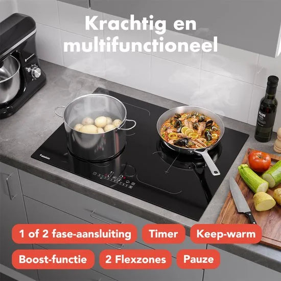 KitchenBrothers Inductie Kookplaat - Inbouw Inductieplaat - 70 cm - 4 Zones - 2x Flexzone - 1 en 2 Fase - Tot 2800W - Zwart