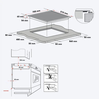 KitchenBrothers Inductie Kookplaat - Inbouw Inductieplaat - 70 cm - 4 Zones - 2x Flexzone - 1 en 2 Fase - Tot 2800W - Zwart