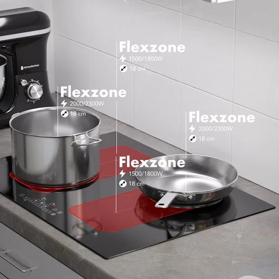 KitchenBrothers Inductie Kookplaat - Inbouw Inductieplaat - 70 cm - 4 Zones - 2x Flexzone - 1 en 2 Fase - Tot 2800W - Zwart