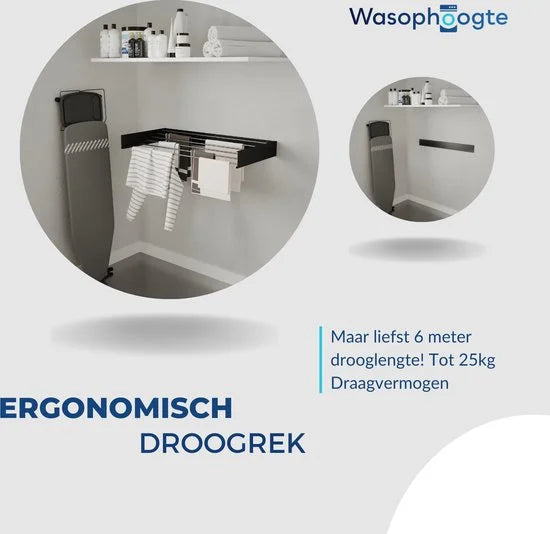Wasophoogte® Wanddroogrek - Wandmontage Droogrek - Inklapbaar Droogrek - Muurdroogrek - Wasrek hangend - 100cm - 6m Drooglengte - Zwart